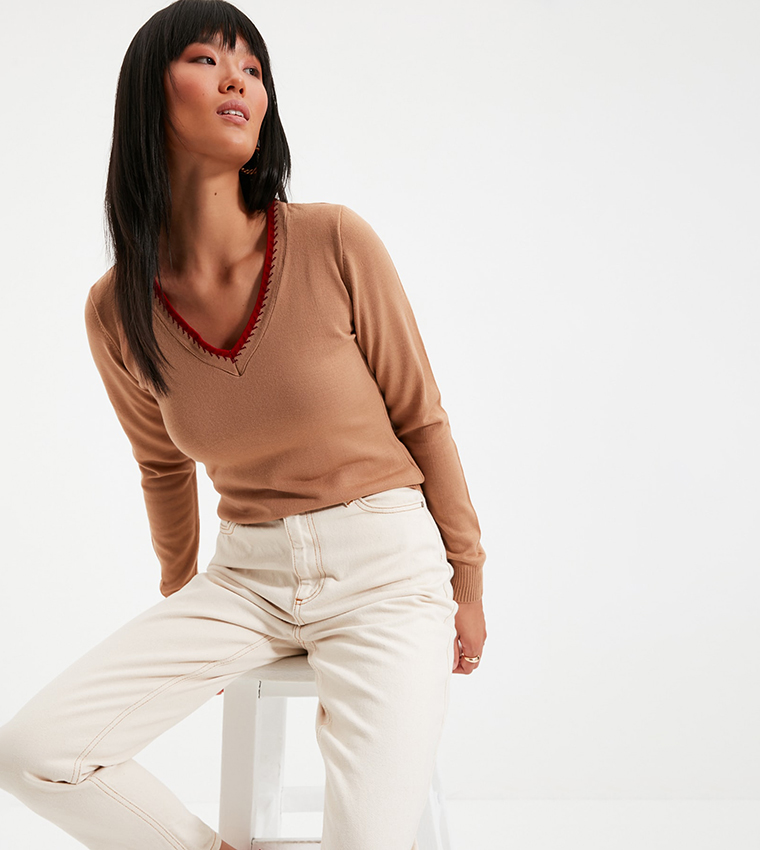 Trendyol Maglione Donna Regular Fit Scollo A V In Maglia - Basic, Blu Scuro - Composizione 100% Acrilico - 4