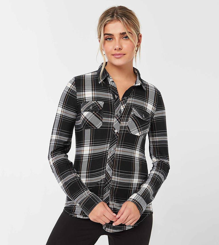 Buy Ardene Long Plaid Shirt With Roll Up Sleeves In Black