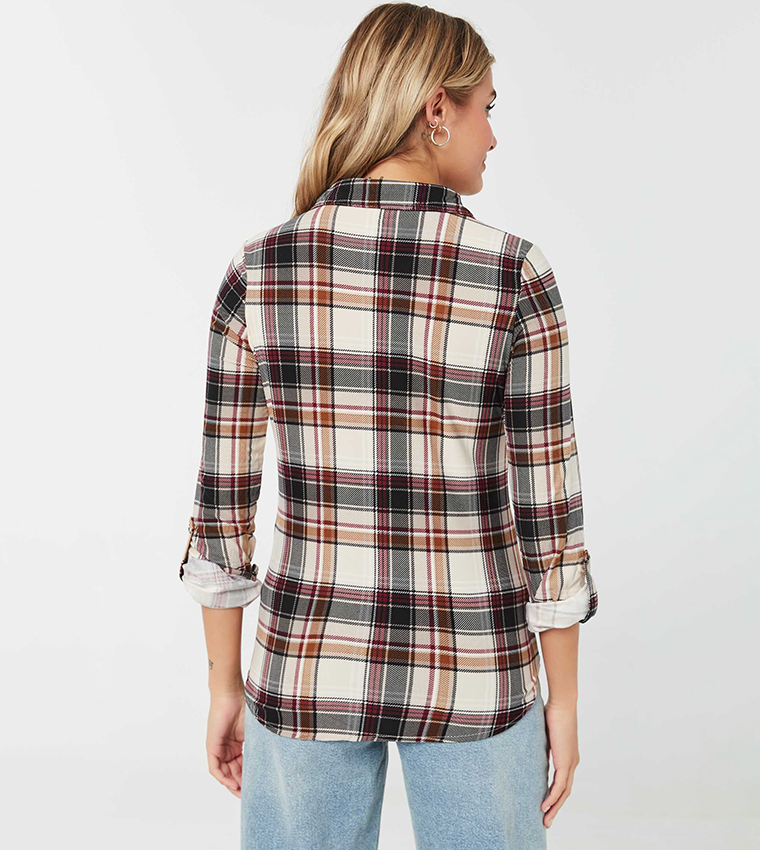 Long Plaid Shirt With Roll-Up Sleeves