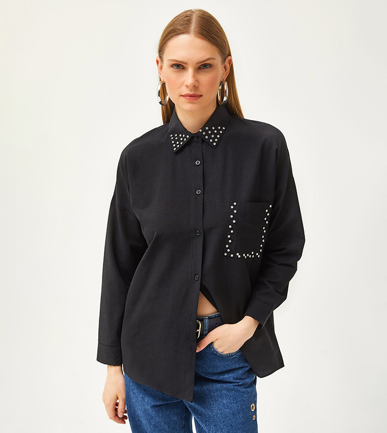 Embellished Pocket Detail Oversized Shirt