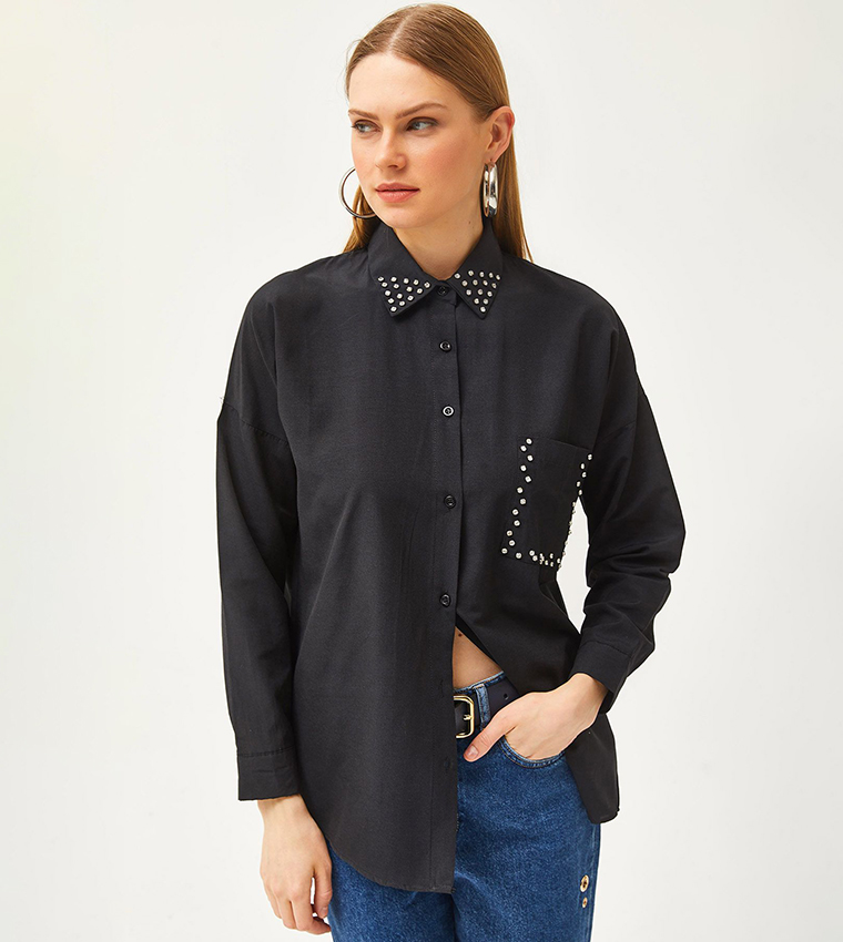 Embellished Pocket Detail Oversized Shirt