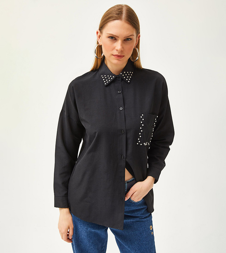 Embellished Pocket Detail Oversized Shirt