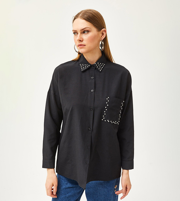 Embellished Pocket Detail Oversized Shirt