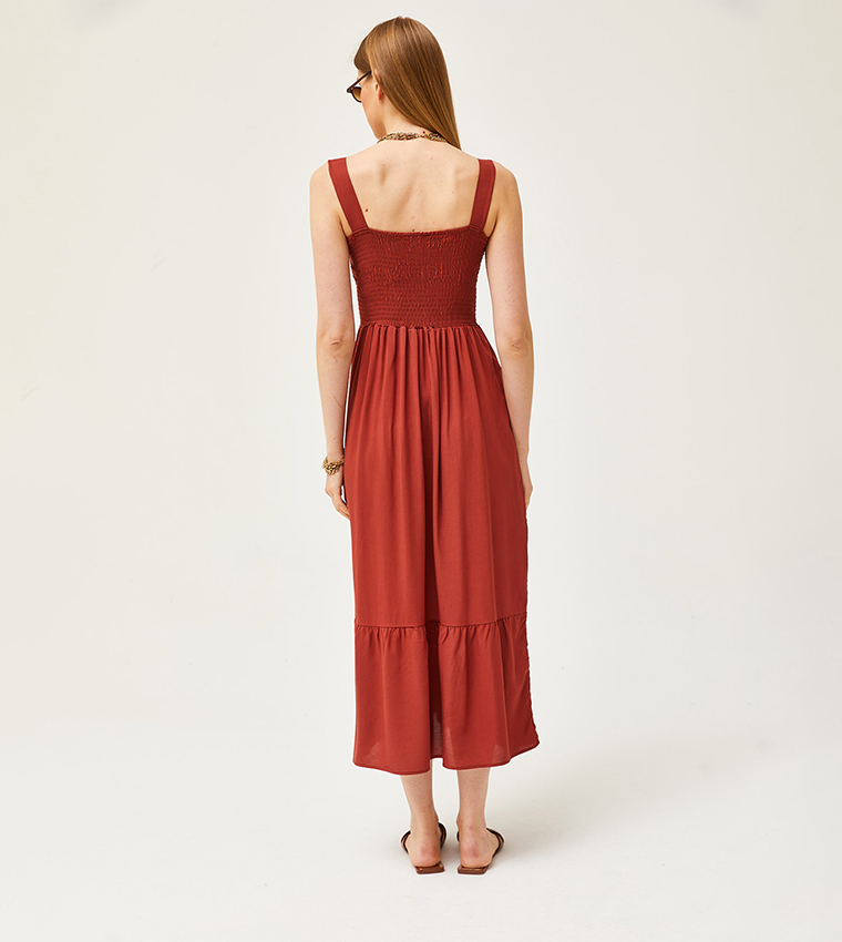 Buy Olalook Smocked Fit And Flare Midaxi Dress In Brown | 6thstreet Qatar