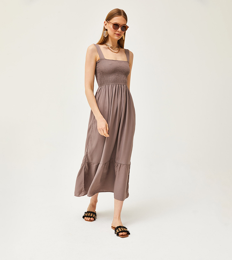 Buy Olalook Smocked Fit And Flare Midaxi Dress In Taupe | 6thStreet Oman
