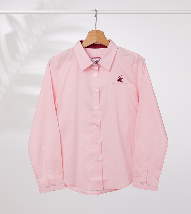 Collared Neck Long Sleeve Shirt-Pink