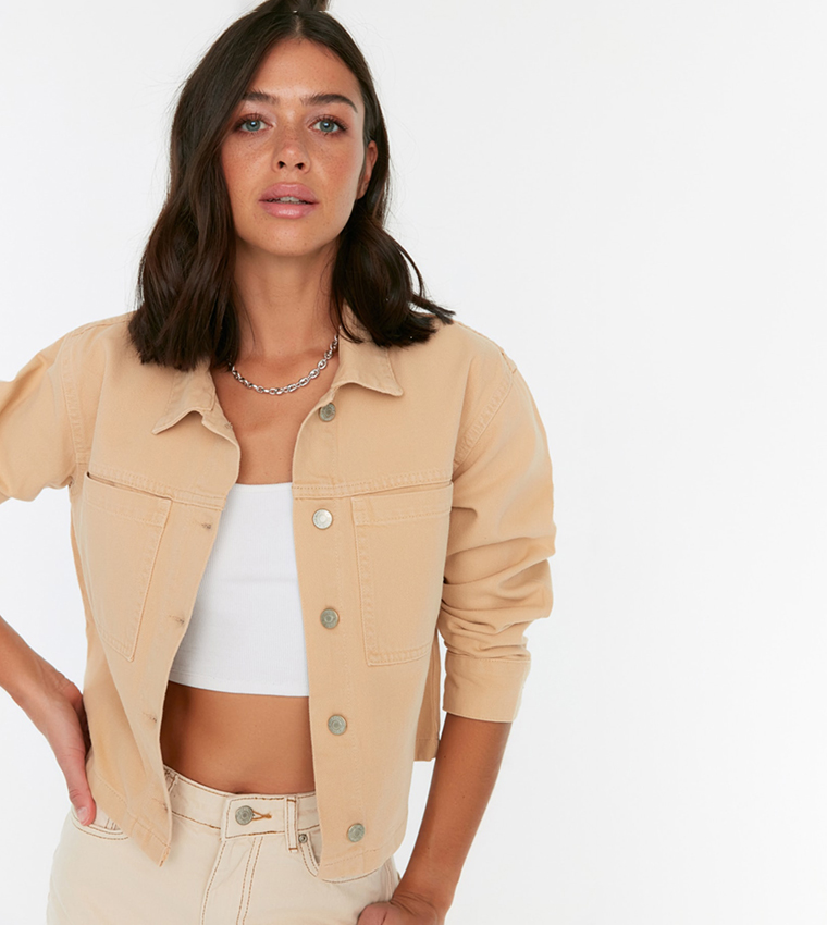 Cropped tan best sale denim jacket