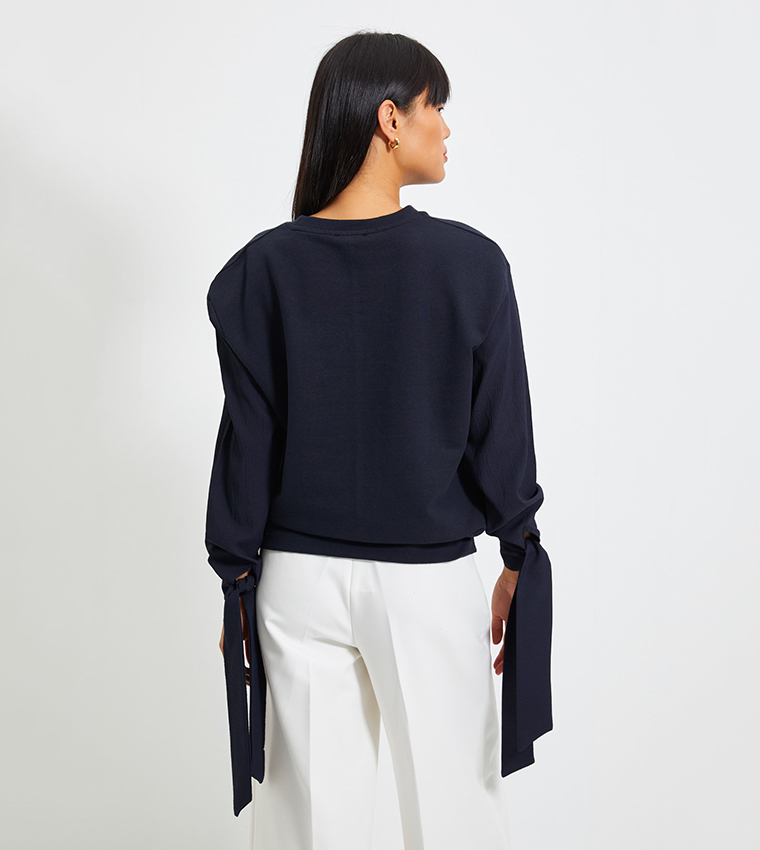 Buy Trendyol Sleeves Poplin Detailed Basic Knitted Blouse In NAVY BLUE