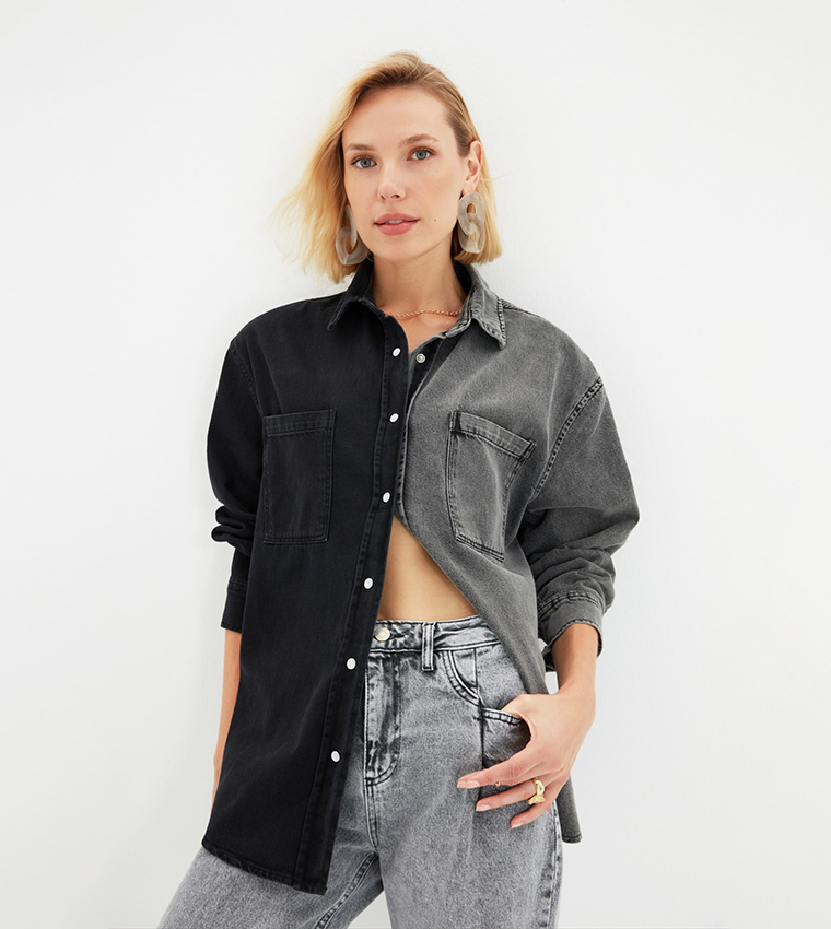 Buy Trendyol Color Block Denim Shirt In Black | 6thStreet Qatar