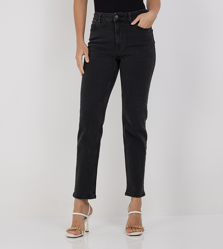 Solid High Waist Mom Fit Jeans