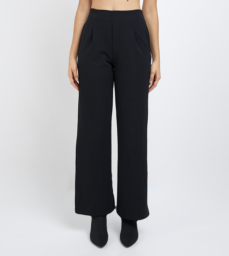 Ardene Wide Leg Tie Waist Pants in Black, Size, Polyester/Spandex