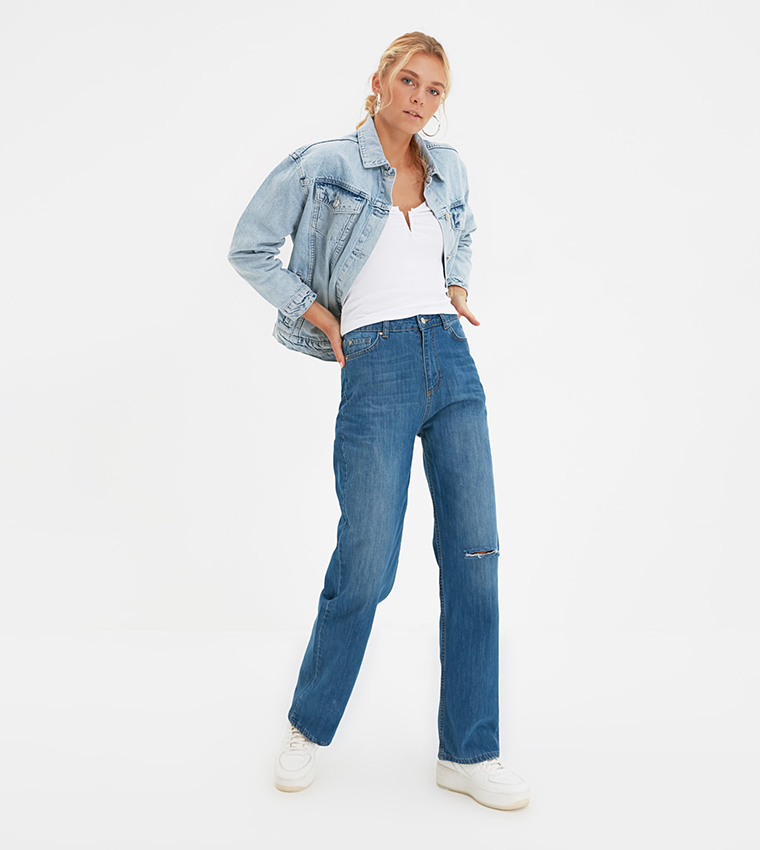 Buy Trendyol Waist Detail High Waist 90's Wide Leg Jeans in Blue