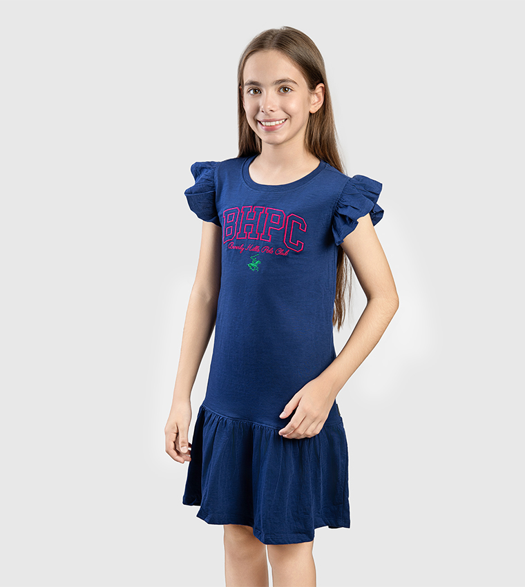 Logo Embroidered Ruffled Sleeves Mini Dress