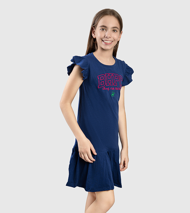 Logo Embroidered Ruffled Sleeves Mini Dress
