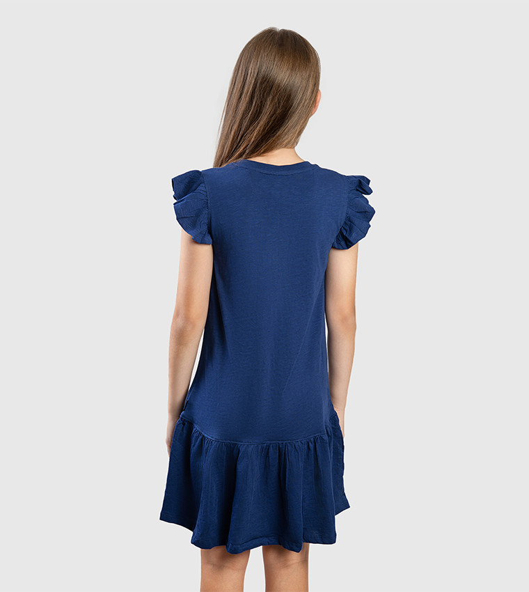 Logo Embroidered Ruffled Sleeves Mini Dress