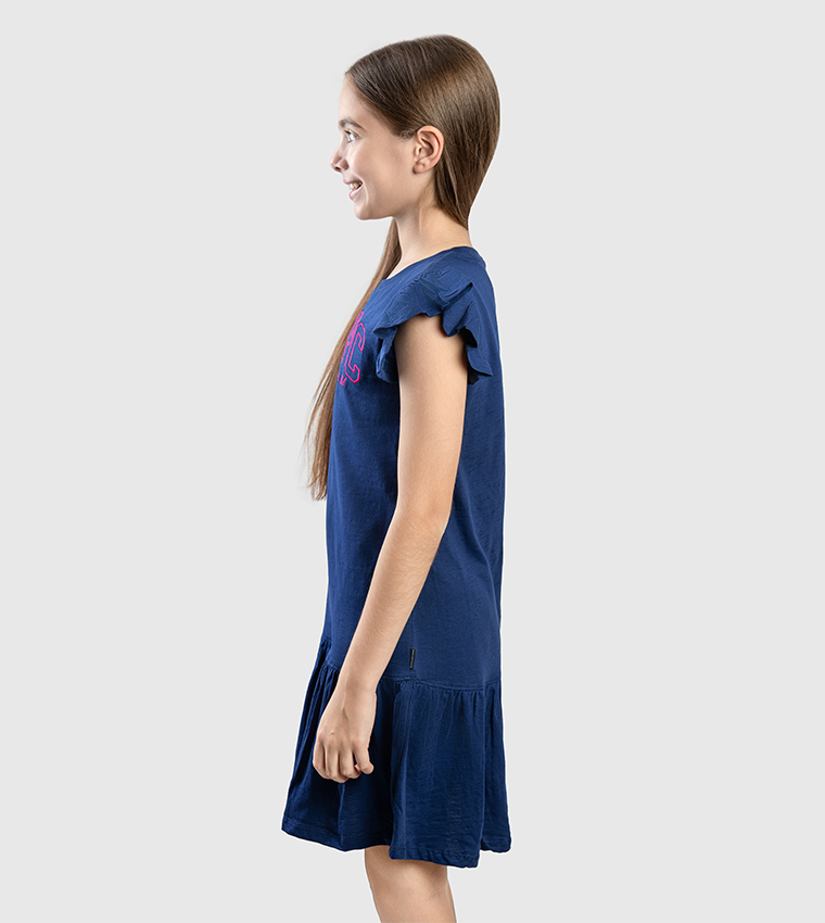 Logo Embroidered Ruffled Sleeves Mini Dress