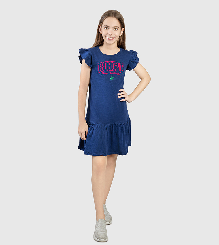 Logo Embroidered Ruffled Sleeves Mini Dress