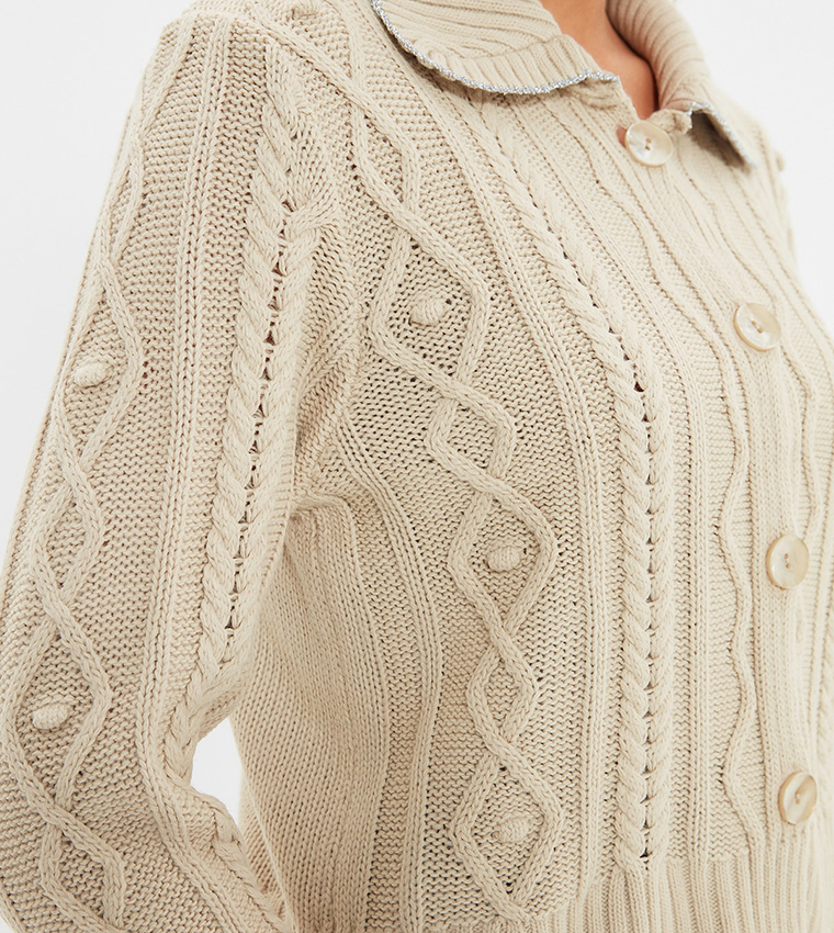 Cable Knit Zip Cardigan Beige