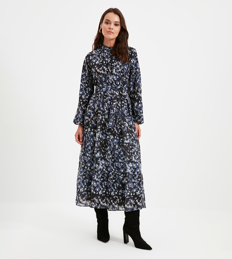 Printed Belted Tiered Midi Dress