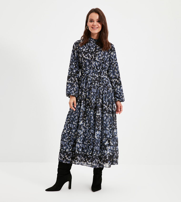 Printed Belted Tiered Midi Dress