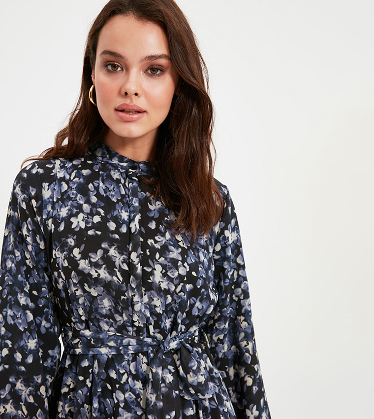 Printed Belted Tiered Midi Dress