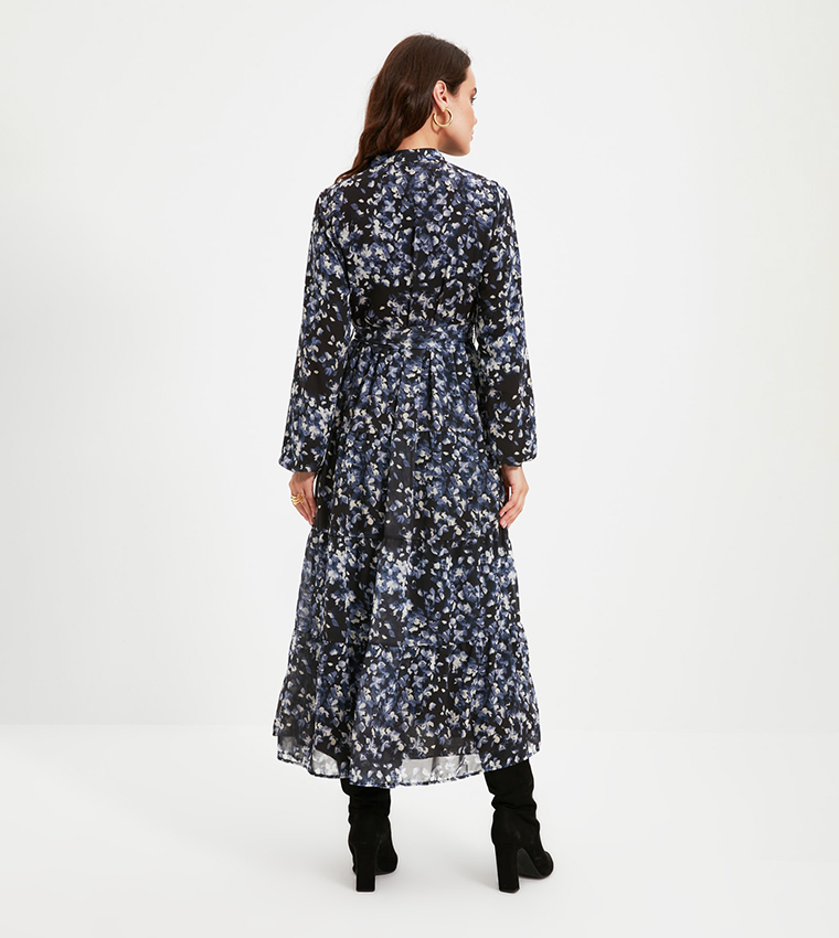 Printed Belted Tiered Midi Dress