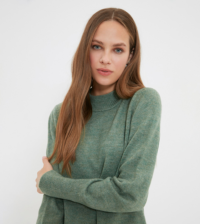 Bell Sleeve High Neck Knitted Sweater Green Na Kd 49 Off