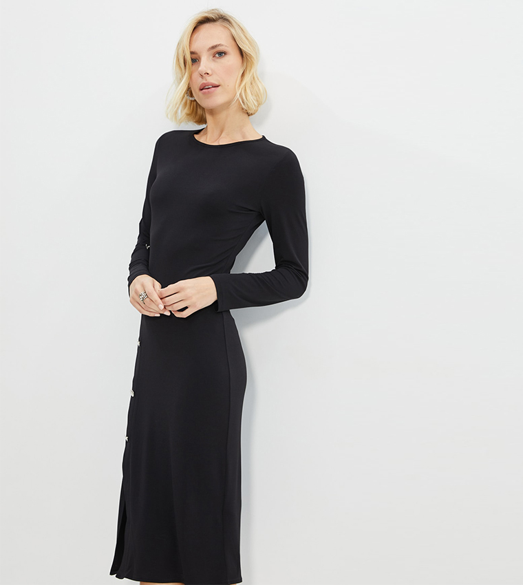 Buy Trendyol Black Button Detailed Slit Knitted Dress In Black ...