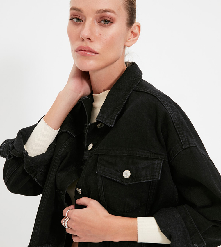 Topshop black cropped denim jacket sale