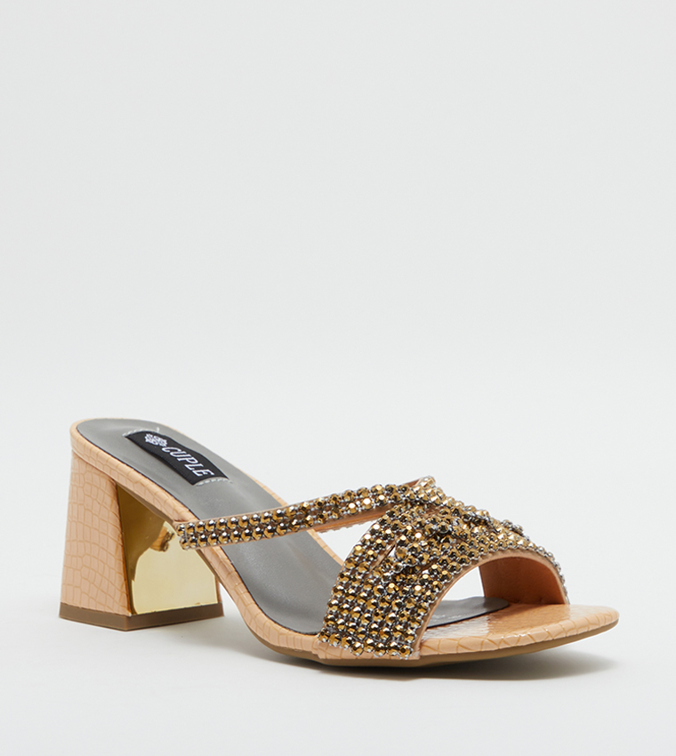 Buy Cuple Embellished Block Heel Sandals In Gold 6thStreet UAE