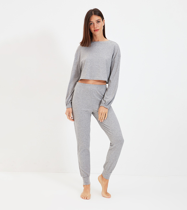 Buy Trendyol Printed Regular Night Suit In Grey | 6thStreet UAE