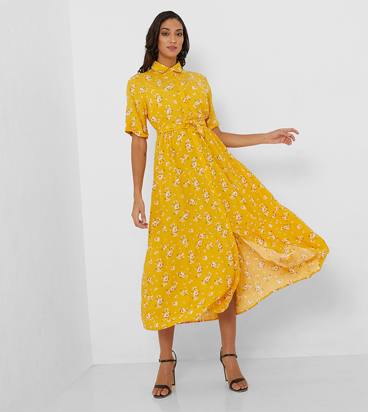 Yellow floral midi dress clearance