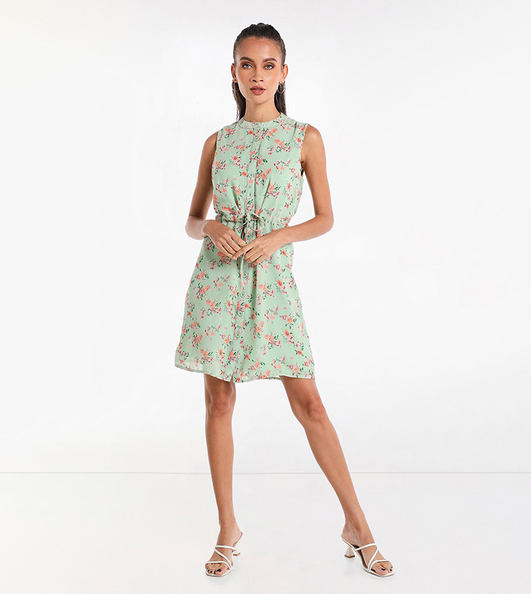 Buy R B Printed Sleeveless Mini Dress With Mandarin Collar And Drawstring Waist In Mint 6thStreet Bahrain