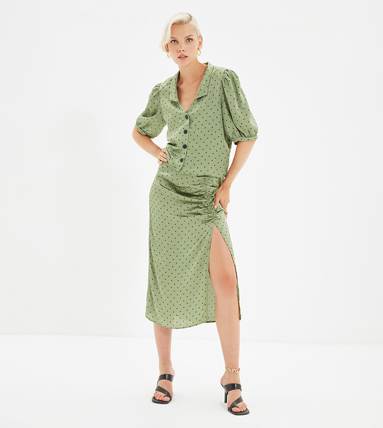 Buy Trendyol Polka Dot Printed Slit Pencil Skirt In Green 6thStreet Qatar