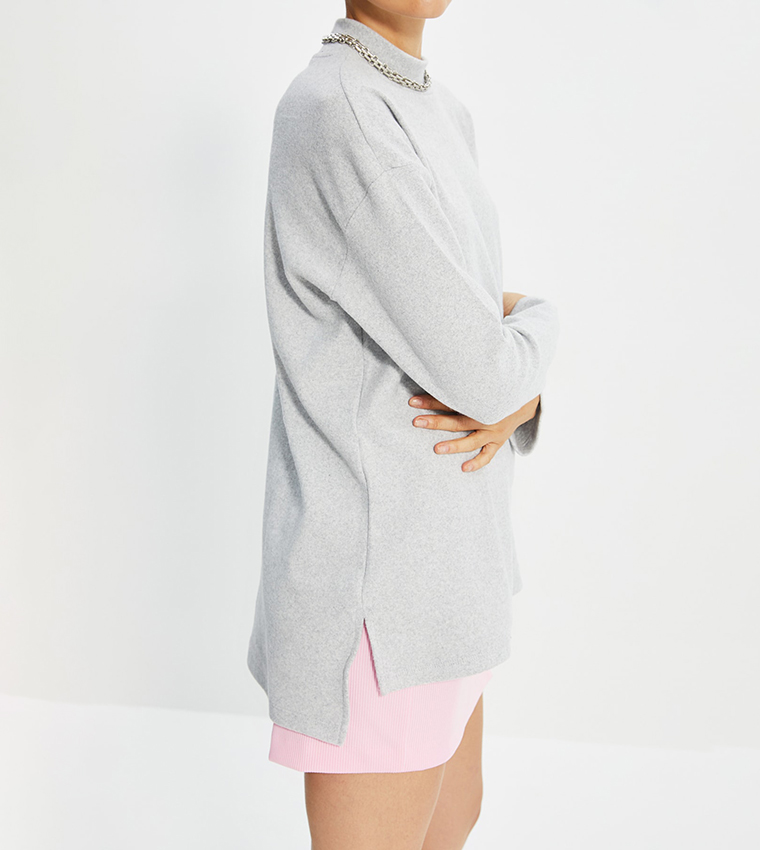 Buy Trendyol Mock Neck Oversized Top In Grey | 6thStreet Qatar