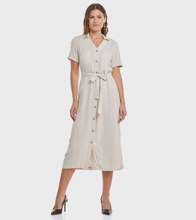 Solid Shirt Dress with Short Sleeves