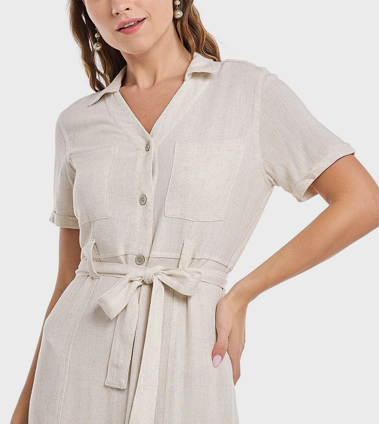 Solid Shirt Dress with Short Sleeves