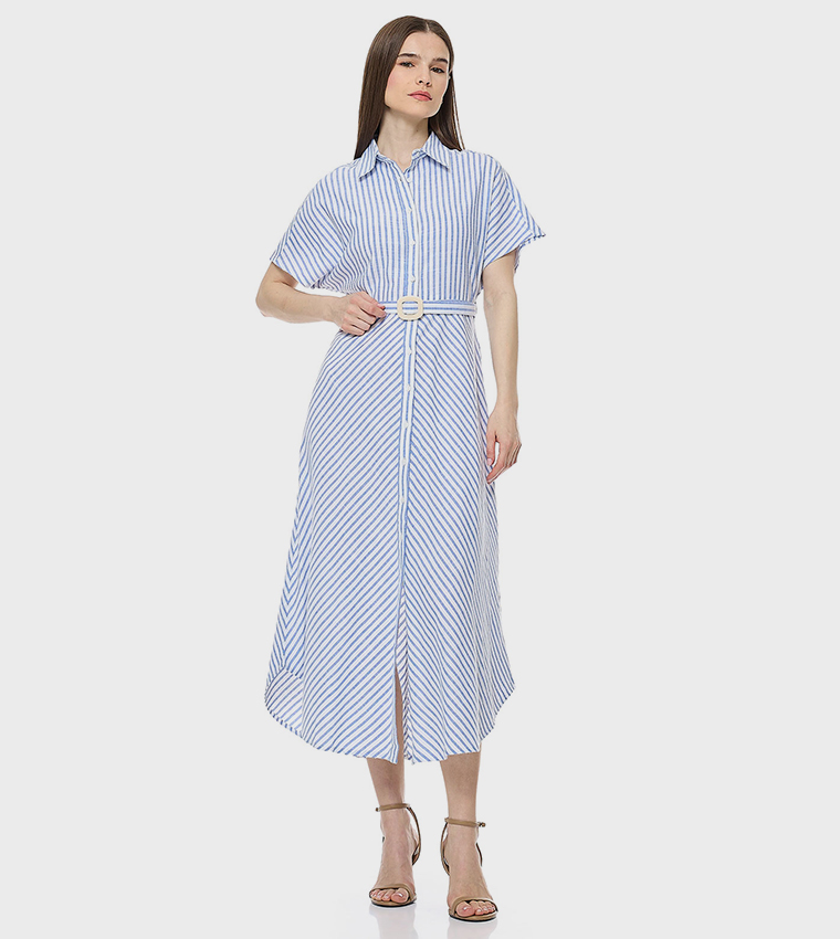 Striped Shirt Dress with Short Sleeves
