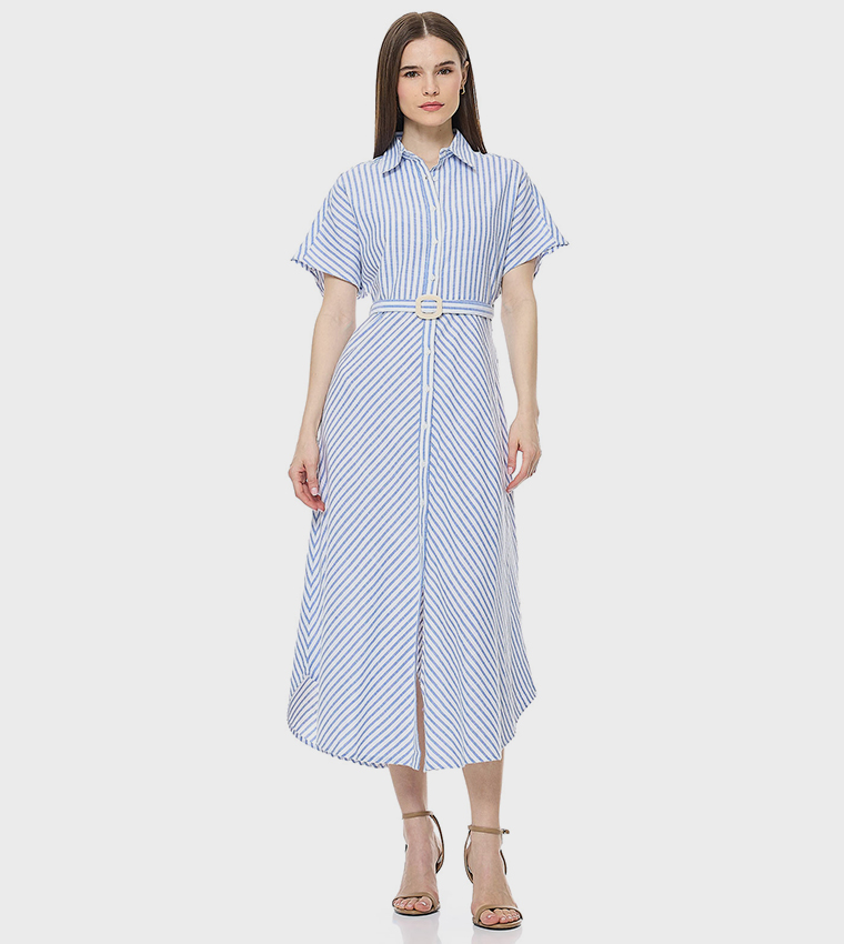 Striped Shirt Dress with Short Sleeves