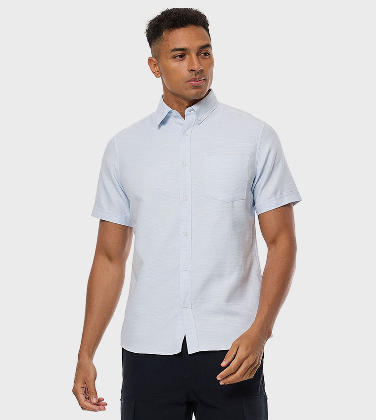 Textured Shirt with Button-Down Collar and Short Sleeves