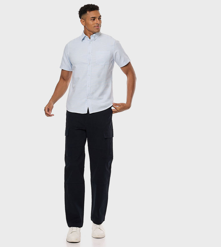 Textured Shirt with Button-Down Collar and Short Sleeves