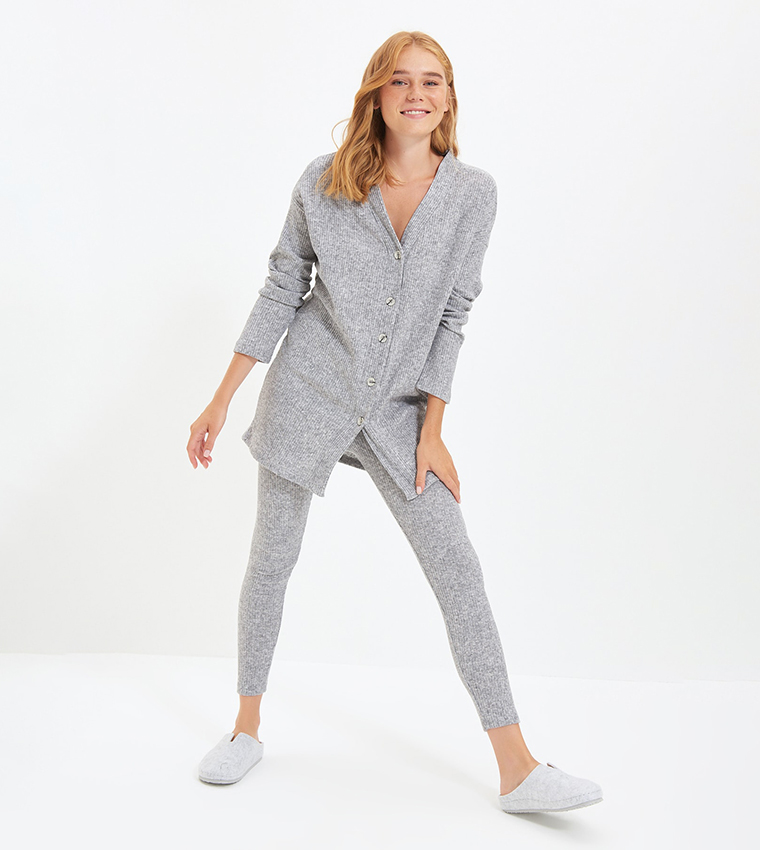 Buy Trendyol Ribbed Cardigan Night Suit In Grey | 6thStreet Saudi Arabia