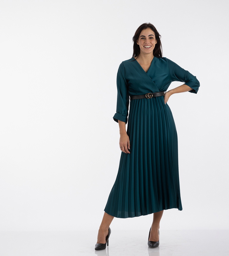 Buy Montania Accordion Pleated Belted Maxi Dress In Green - Main Image