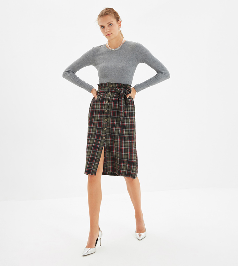 Khaki paperbag midi skirt cheap