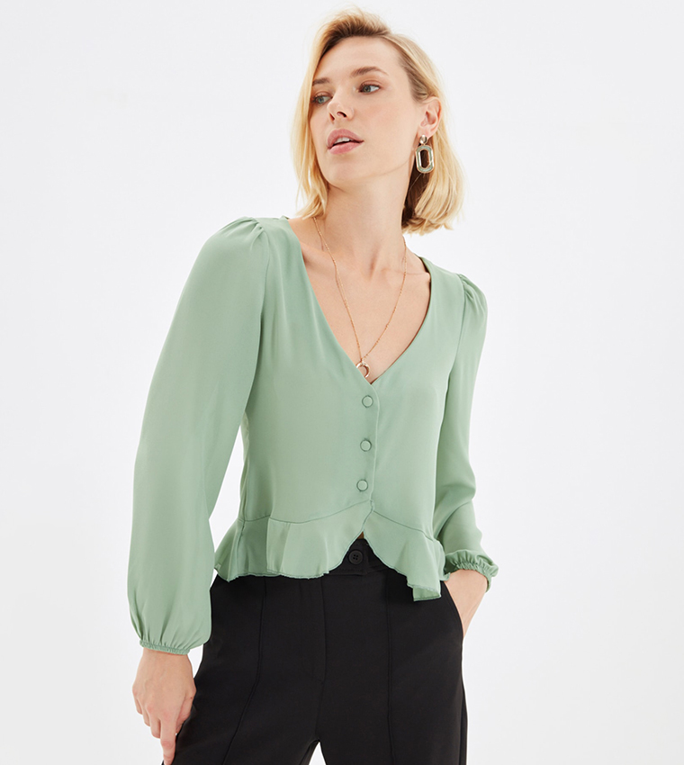 Buy Trendyol Solid Button Detailed Buttoned Top In Mint | 6thStreet UAE