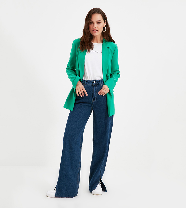 パンツ   Women Straight Pants 83WWPB06 BLUE Buy Trendyol High Waist Wide Leg Jeans In Blue | 6thStreet UAE