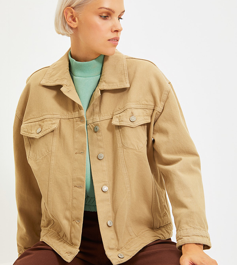 Tan denim jacket womens top