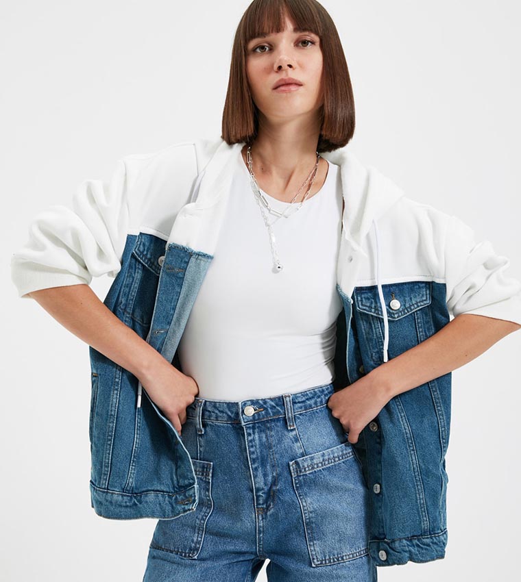 Buy Trendyol Colorblocked Hooded Denim Jacket In Blue | 6thStreet UAE