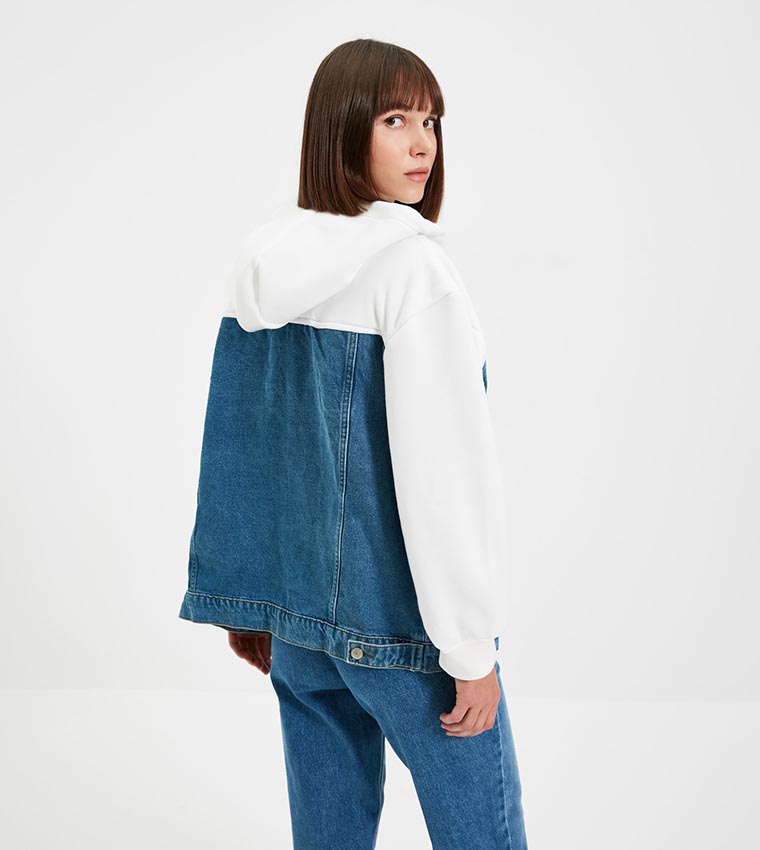 Buy Trendyol Colorblocked Hooded Denim Jacket In Blue | 6thStreet UAE
