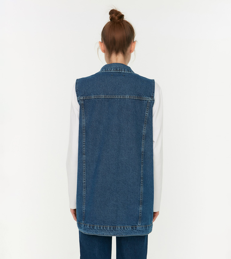Buy Trendyol Shirt Collar Denim Vest Jacket In Blue 6thStreet UAE